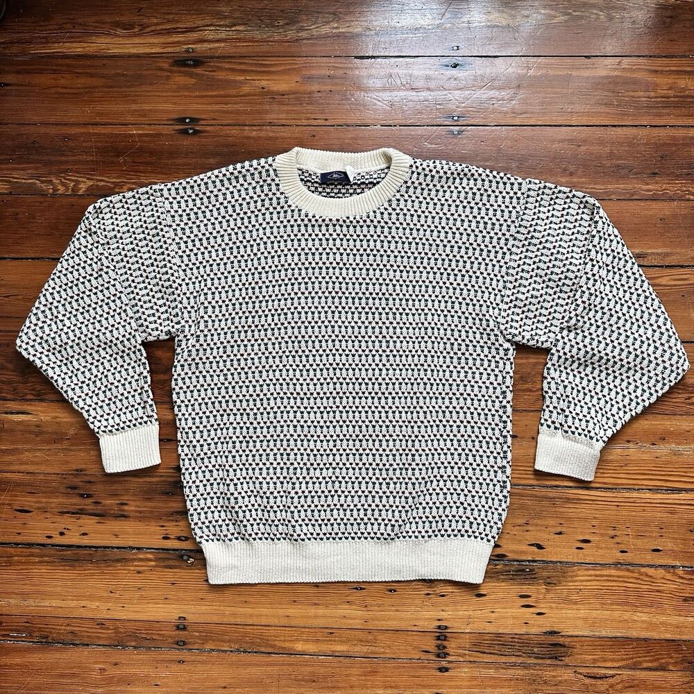 Vintage Boston Clipper Men's M Crewneck Knit Sweater 100% Cotton White Birdseye